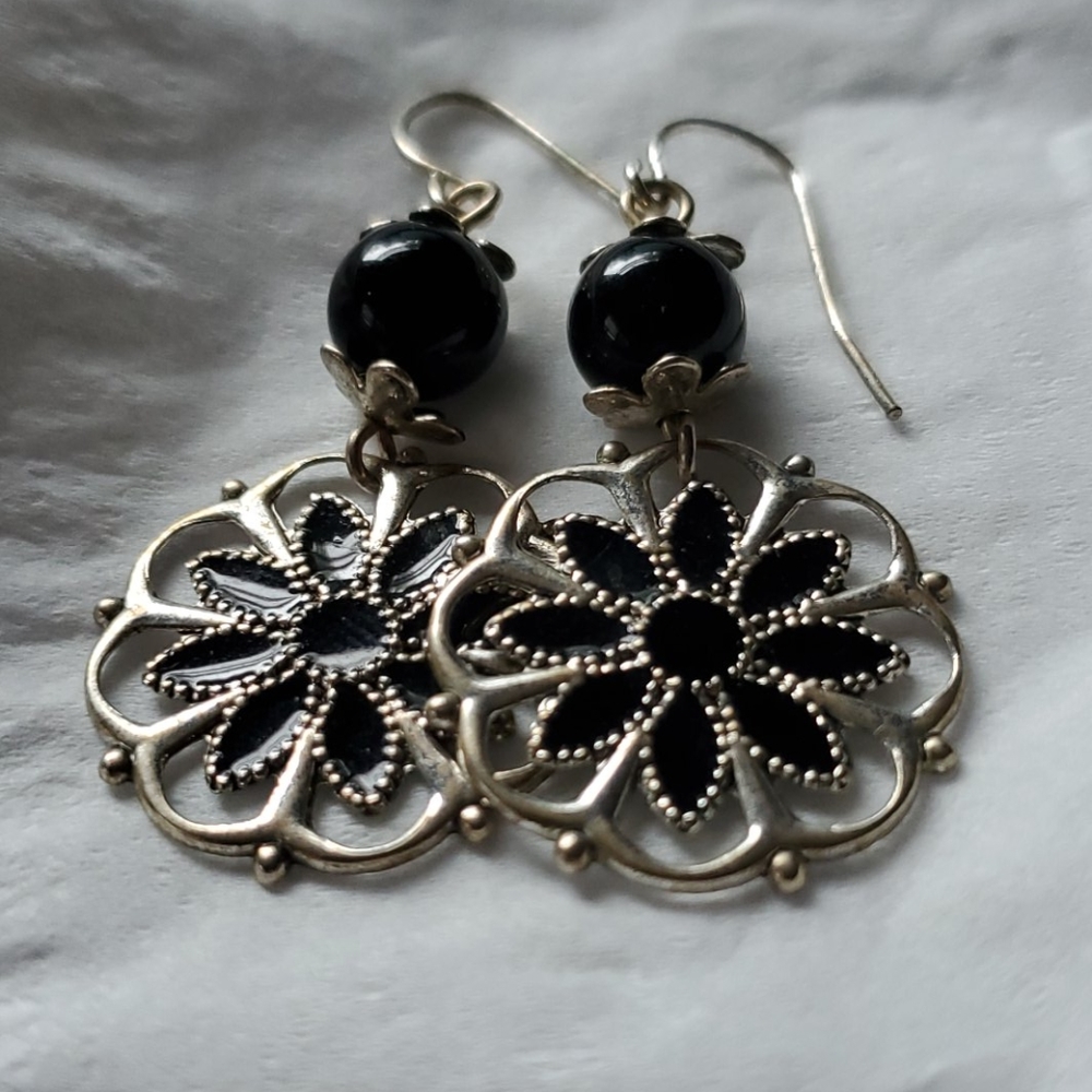 Black and silver flower dangle earrings